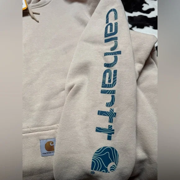 Carhartt Men's Tan Hoodie with Blue Logo - Picture 3 of 3